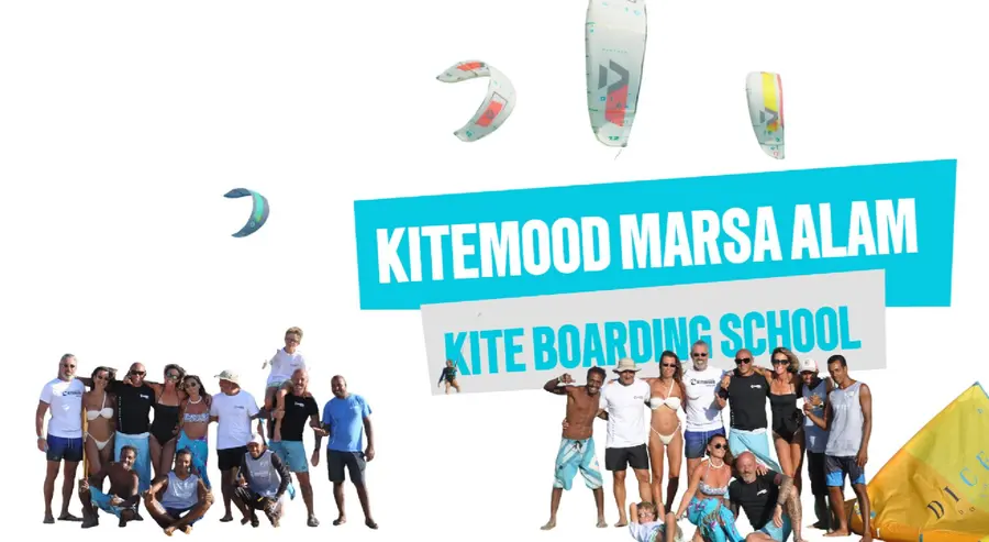 KiteMood Marsa Alam kite boarding school banner, with two groups of smiling people below and kites flying above